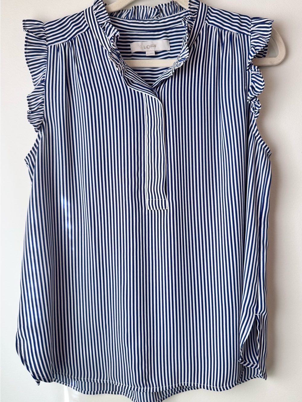 LOFT Navy and White Vertical Stripe Ruffle Sleeve Shell